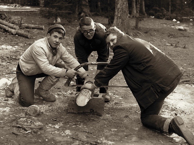 Cutting wood for the stoves at Winter Camp 1963 Bob Kelly on the right.