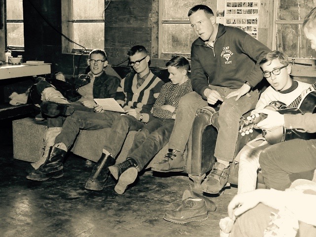 Making a little music in the Craft Hall at Winter Camp 1963 L to R: Jim Acheson, Roger Tierney, John Morrison, Greg Howard, GaryLuthy
