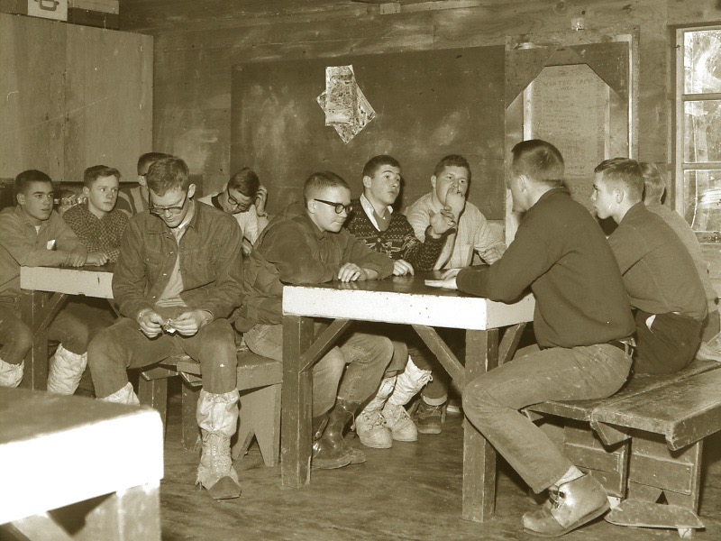 Winter Camp 1964 - in the Craft Hall waiting for lunch. L toR: Kurt Aydin, John Morrison, Roger Tierney, Jim Acheson, Gary Luthy, ?, ?, Bob Kelly, Greg Howard, Peter Clary, Bill Kelly