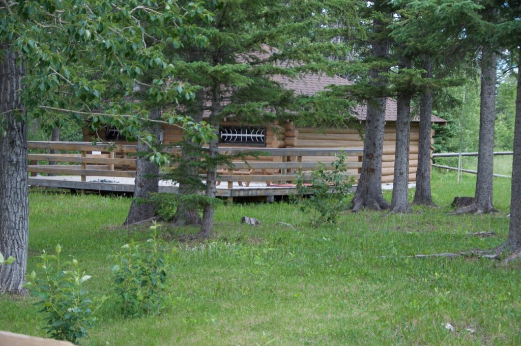 A the old directors log cabin sited amongst trees at the Stoney Nakoda Lodge site in 2017